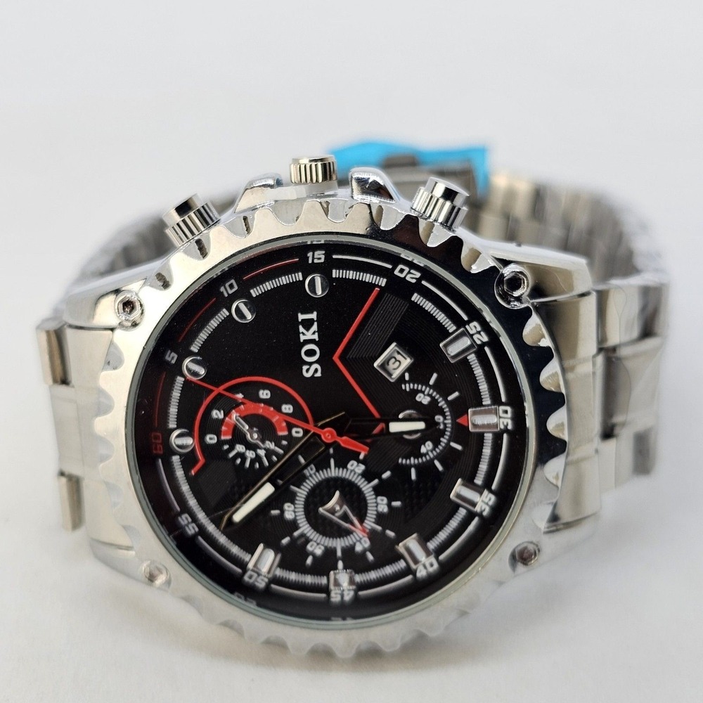 Men's Analog Watch 45MM Black Dial Date Gray Bracelet Band 8" New Battery